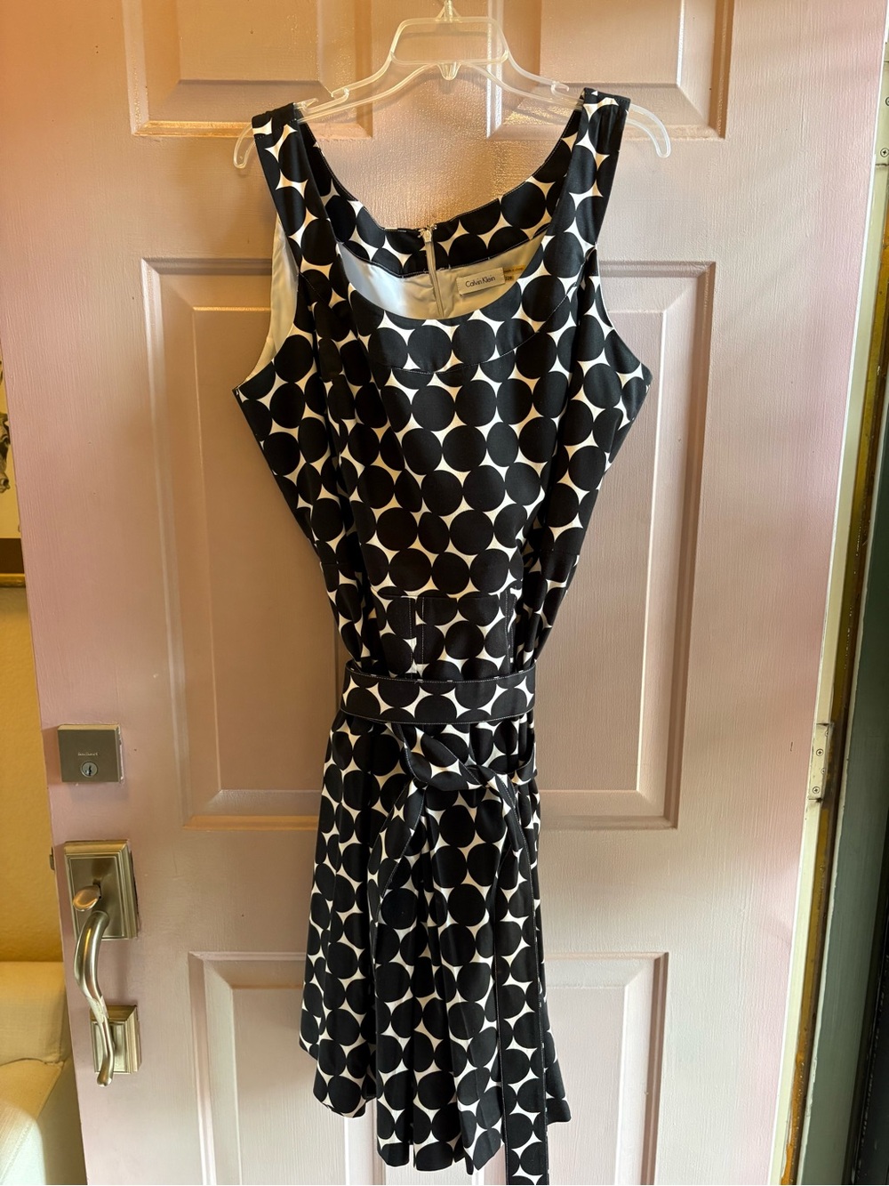 Calvin Klein Black & White Polka Dot Midi Dress with Waist Tie
